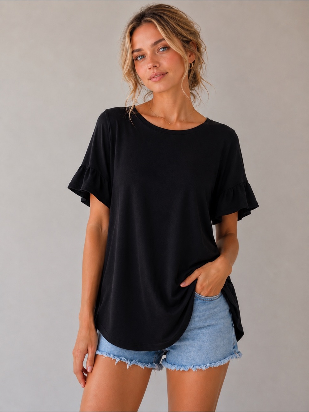 BiBi Black Flutter Sleeve Blouse with Ruffled Style S-M